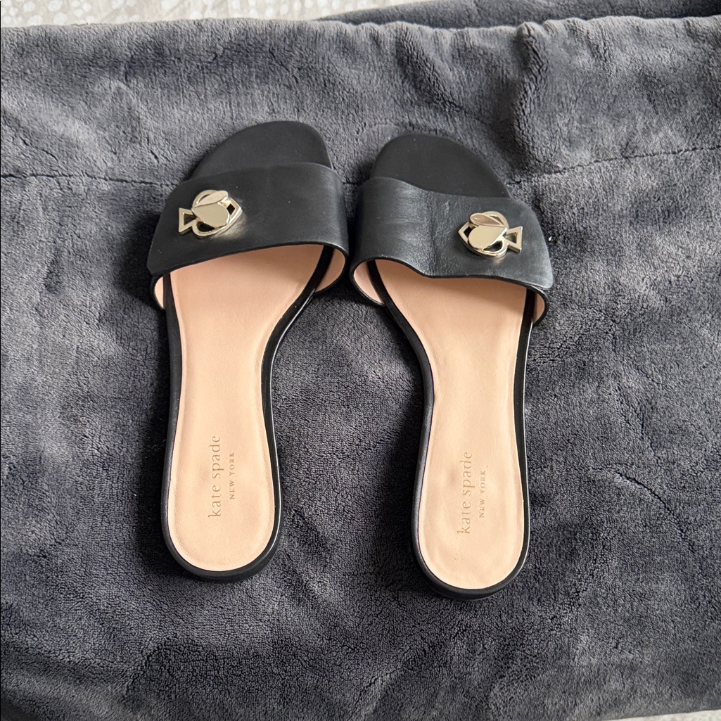 Kate Spade Kendall Smooth Black Leather Slide Sandals With Gold Logo Size 9.5
